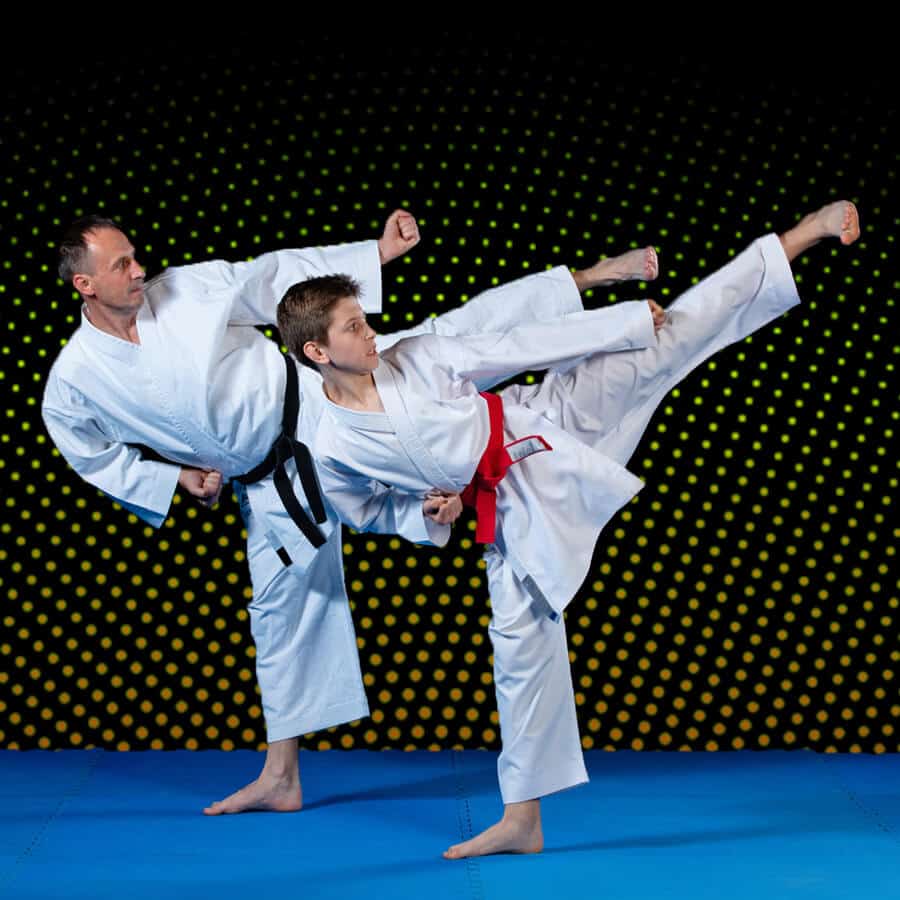 Martial Arts Lessons for Families in Lewisville TX - Dad and Son High Kick